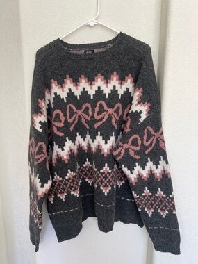 Charcoal Crewneck Sweater with Pink Fair Isle Motif